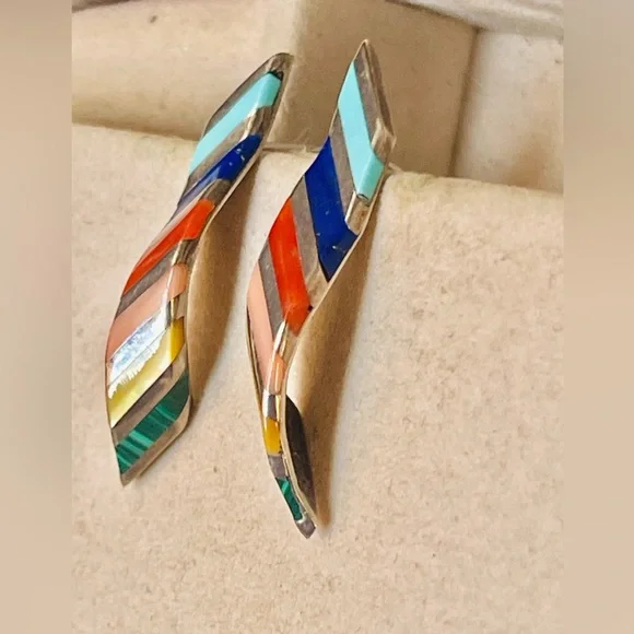 Zuni VTG Native American Sterling Turquoise Coral Onyx Opal Lapis Earrings - Picture 4 of 7